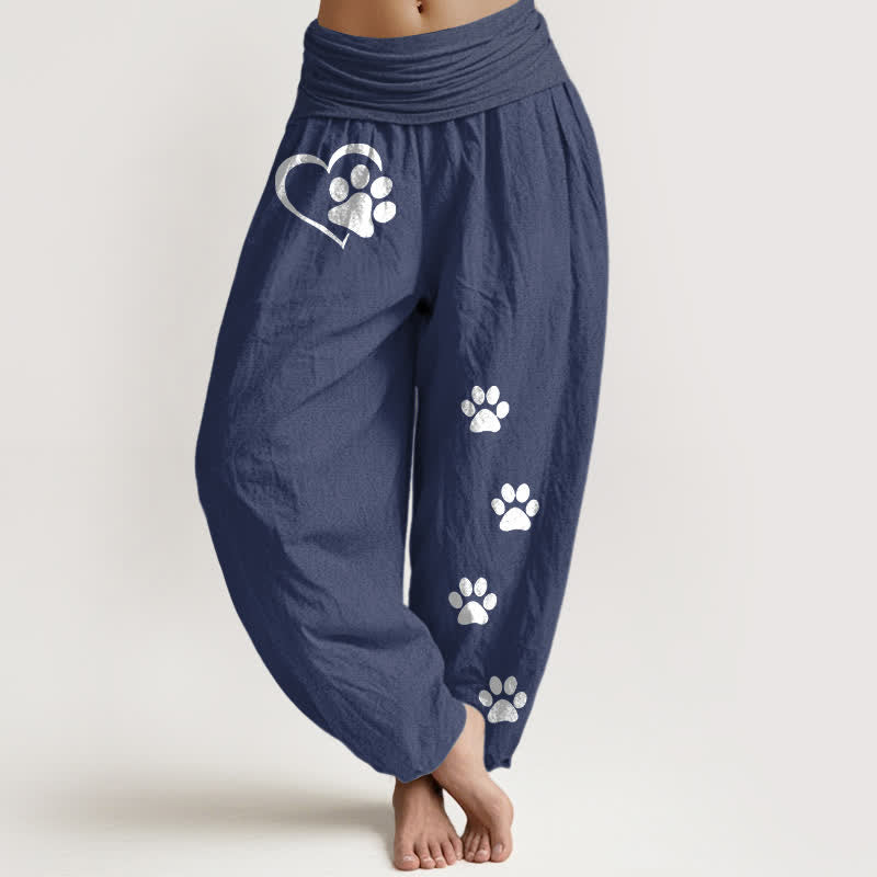 Buddha Stones Pantalones harem de algodón puro con estampado de huellas de patas y corazones para mujer, con cintura elástica. - Azul pizarra oscuro - US16，UK/AU20，EU48 (3XL) - image 5