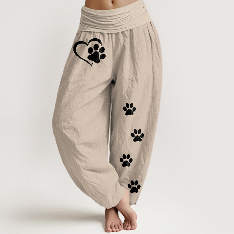 Buddha Stones Pantalones harem de algodón puro con estampado de huellas de patas y corazones para mujer, con cintura elástica. - Broncearse - US16，UK/AU20，EU48 (3XL) - image 14