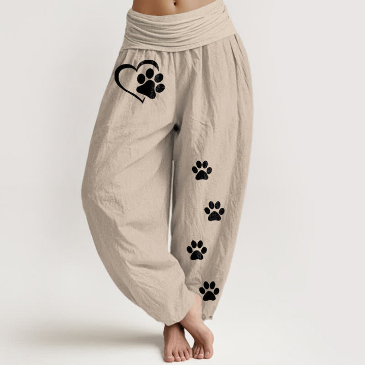 Buddha Stones Pantalones harem de algodón puro con estampado de huellas de patas y corazones para mujer, con cintura elástica. - Broncearse - US16，UK/AU20，EU48 (3XL) - image 14