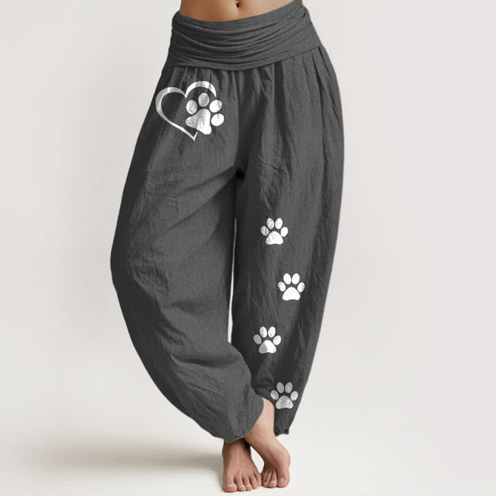 Buddha Stones Pantalones harem de algodón puro con estampado de huellas de patas y corazones para mujer, con cintura elástica. - Gris oscuro - US16，UK/AU20，EU48 (3XL) - image 8