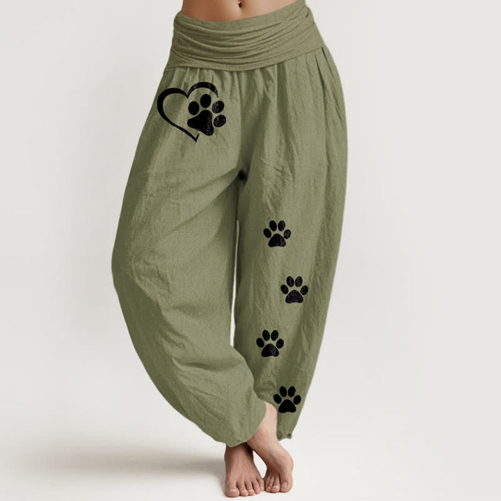 Buddha Stones Pantalones harem de algodón puro con estampado de huellas de patas y corazones para mujer, con cintura elástica. - Verde oliva - US16，UK/AU20，EU48 (3XL) - image 11
