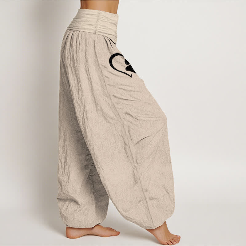 Buddha Stones Pantalones harem de algodón puro con estampado de huellas de patas y corazones para mujer, con cintura elástica. - image 16