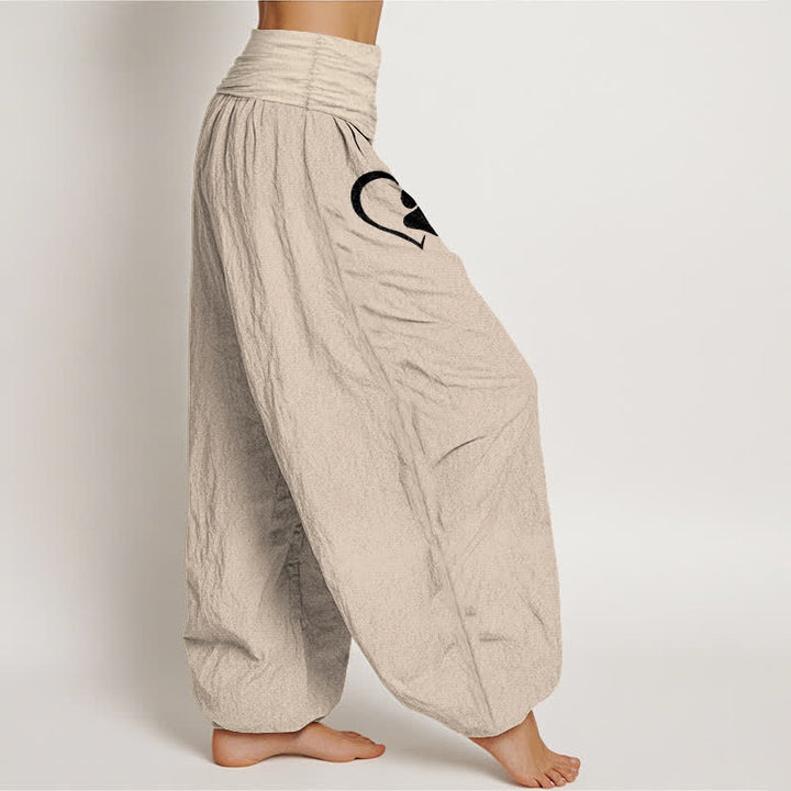 Buddha Stones Pantalones harem de algodón puro con estampado de huellas de patas y corazones para mujer, con cintura elástica. - image 16