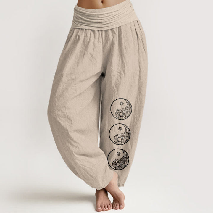 Buddha Stones Pantalones harem de algodón puro con estampado Yin Yang y cintura elástica para mujer. - Broncearse - US16，UK/AU20，EU48 (3XL) - image 14