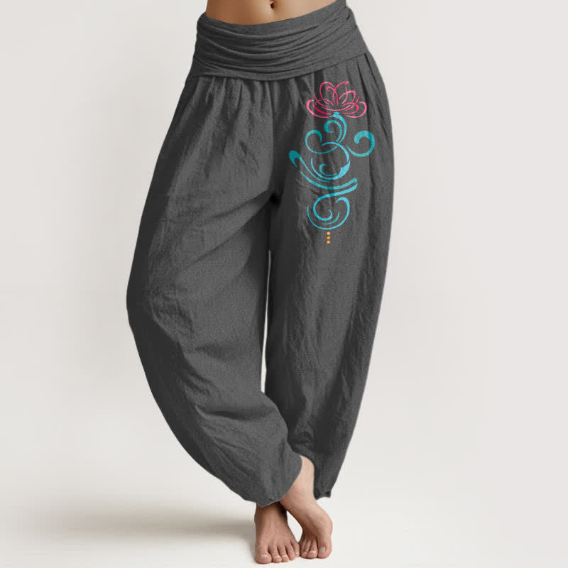 Buddha Stones Pantalones harem de mujer con cintura elástica y estampado de enredaderas de loto, de algodón puro. - Gris oscuro - US16，UK/AU20，EU48 (3XL) - image 8