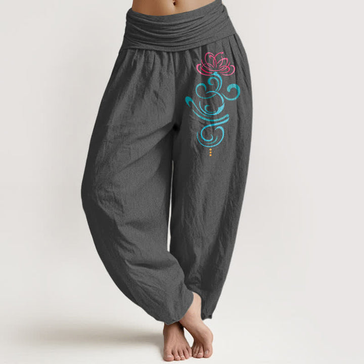 Buddha Stones Pantalones harem de mujer con cintura elástica y estampado de enredaderas de loto, de algodón puro. - Gris oscuro - US16，UK/AU20，EU48 (3XL) - image 8