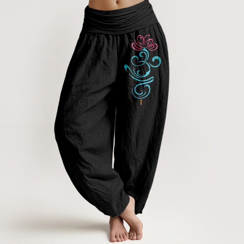 Buddha Stones Pantalones harem de mujer con cintura elástica y estampado de enredaderas de loto, de algodón puro. - Negro - US16，UK/AU20，EU48 (3XL) - image 0