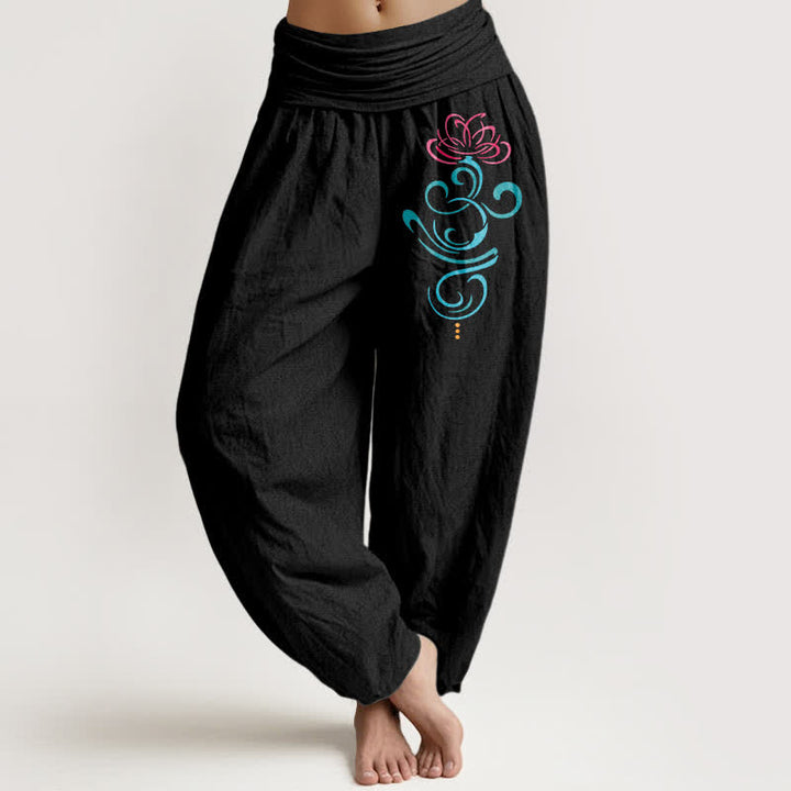 Buddha Stones Pantalones harem de mujer con cintura elástica y estampado de enredaderas de loto, de algodón puro. - Negro - US16，UK/AU20，EU48 (3XL) - image 0