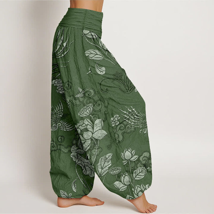 Buddha Stones Pantalones harem de algodón con estampado de pájaro loto y cintura elástica para mujer. - image 2
