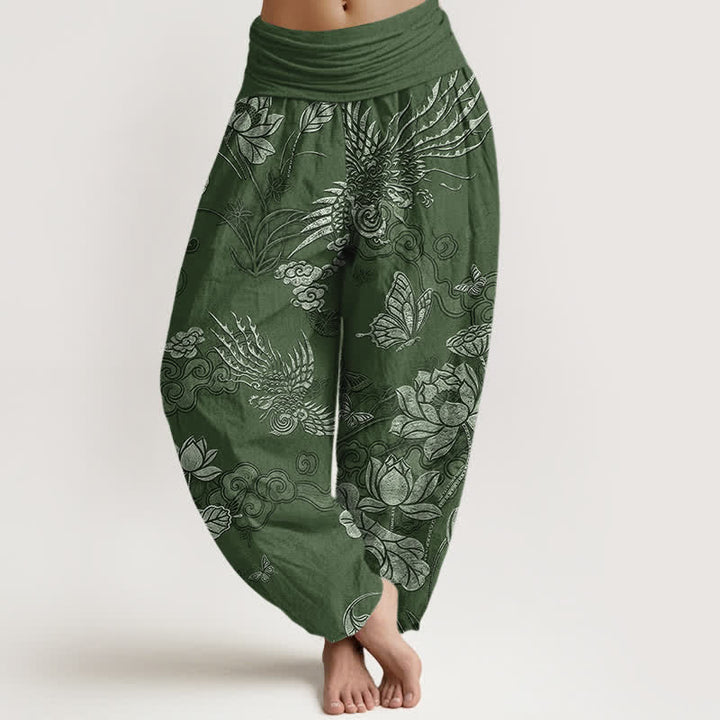 Buddha Stones Pantalones harem de algodón con estampado de pájaro loto y cintura elástica para mujer. - Verde bosque - US16，UK/AU20，EU48 (3XL) - image 0