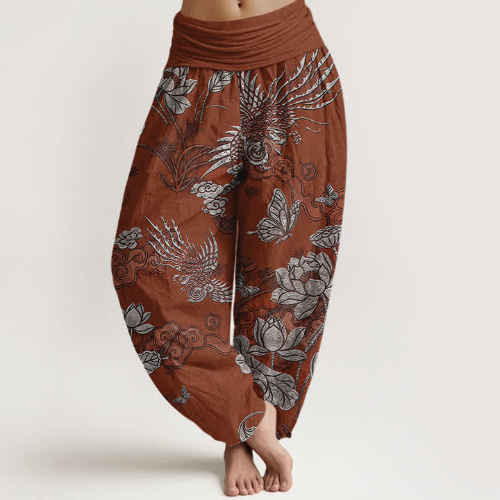 Buddha Stones Pantalones harem de algodón con estampado de pájaro loto y cintura elástica para mujer. - Tierra de siena - US16，UK/AU20，EU48 (3XL) - image 8