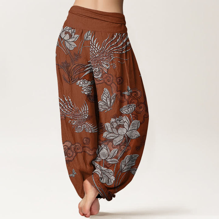 Buddha Stones Pantalones harem de algodón con estampado de pájaro loto y cintura elástica para mujer. - image 9