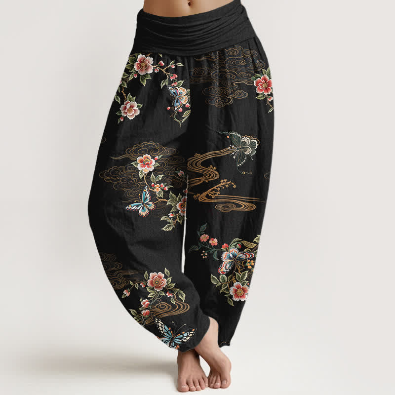 Buddha Stones Pantalones harem de algodón puro con estampado floral de mariposas para mujer con cintura elástica. - Negro - US16，UK/AU20，EU48 (3XL) - image 0