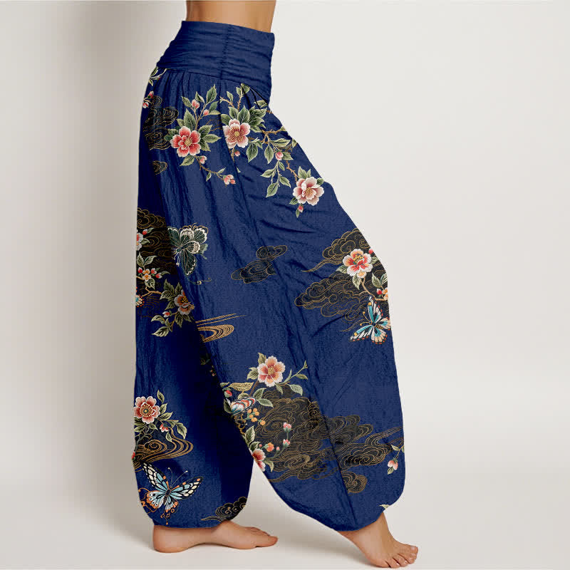 Buddha Stones Pantalones harem de algodón puro con estampado floral de mariposas para mujer con cintura elástica. - image 7