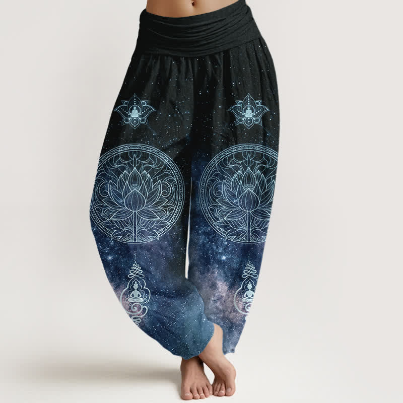 Buddha Stones Pantalones harem de algodón con estampado de mandala de loto celestial para mujer con cintura elástica. - Azul medianoche - US16，UK/AU20，EU48 (3XL) - image 0