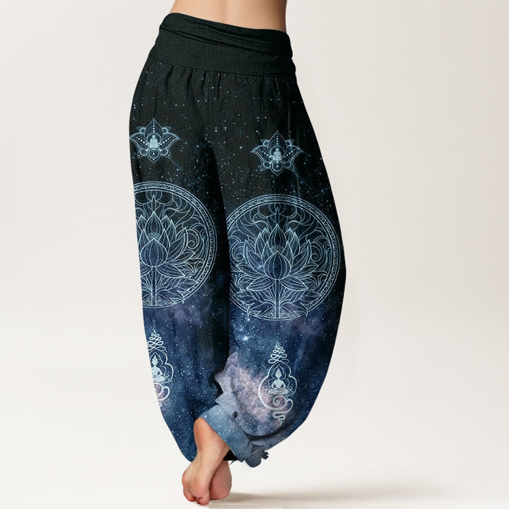 Buddha Stones Pantalones harem de algodón con estampado de mandala de loto celestial para mujer con cintura elástica. - image 1