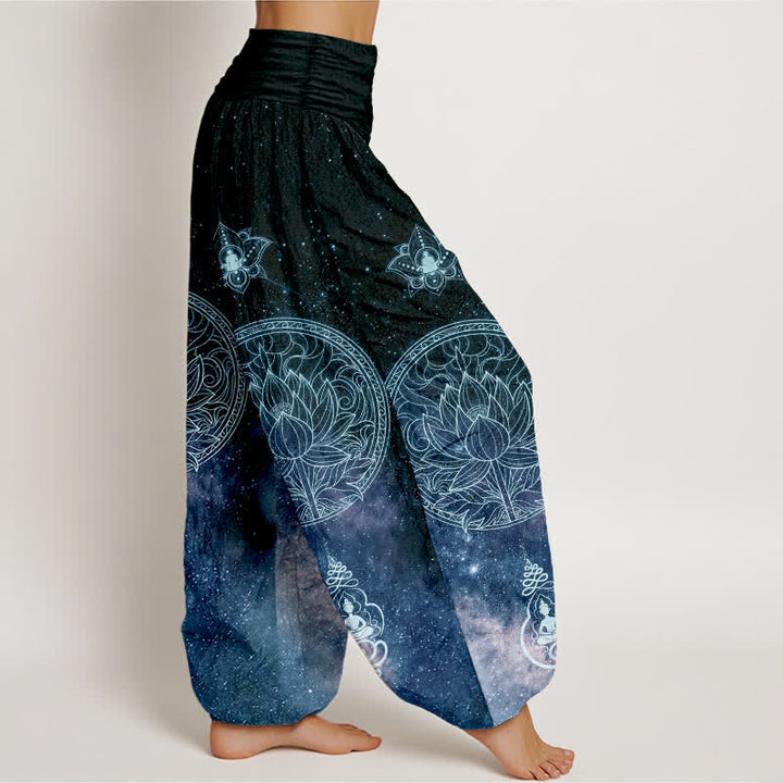 Buddha Stones Pantalones harem de algodón con estampado de mandala de loto celestial para mujer con cintura elástica. - image 2