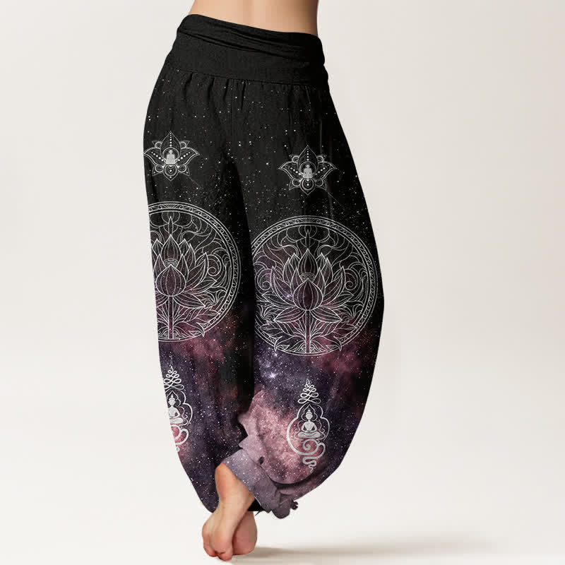 Buddha Stones Pantalones harem de algodón con estampado de mandala de loto celestial para mujer con cintura elástica. - image 6