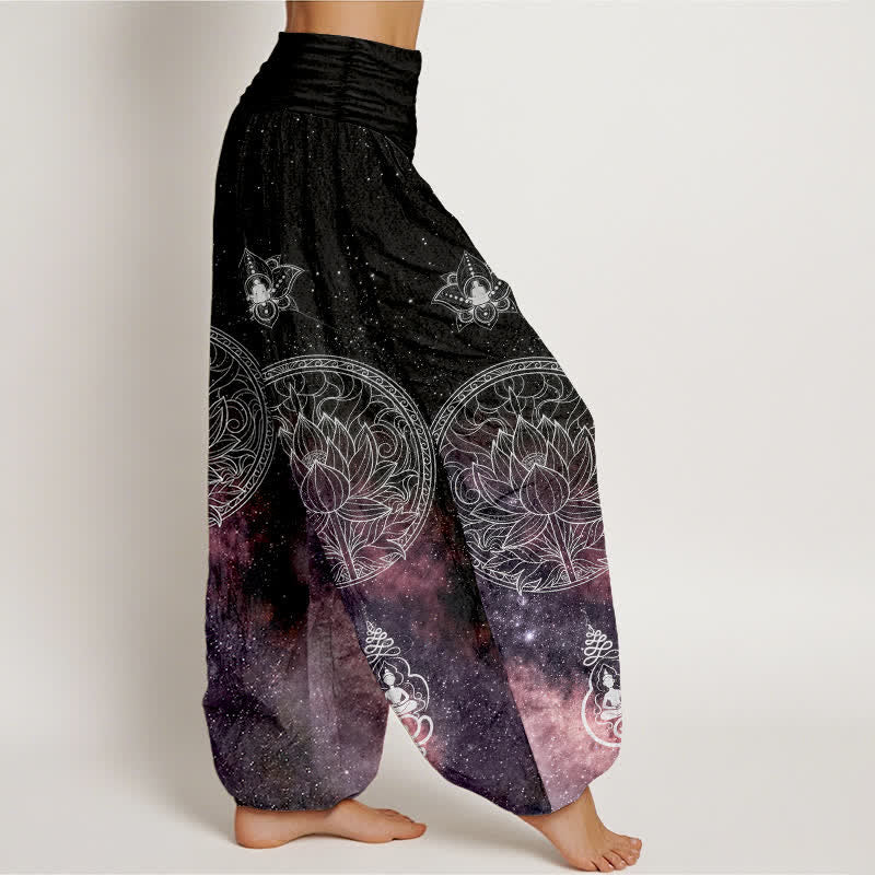 Buddha Stones Pantalones harem de algodón con estampado de mandala de loto celestial para mujer con cintura elástica. - image 7
