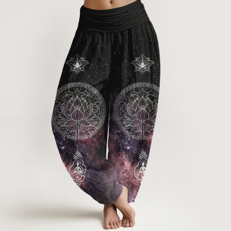 Buddha Stones Pantalones harem de algodón con estampado de mandala de loto celestial para mujer con cintura elástica. - Ciruela - US16，UK/AU20，EU48 (3XL) - image 5