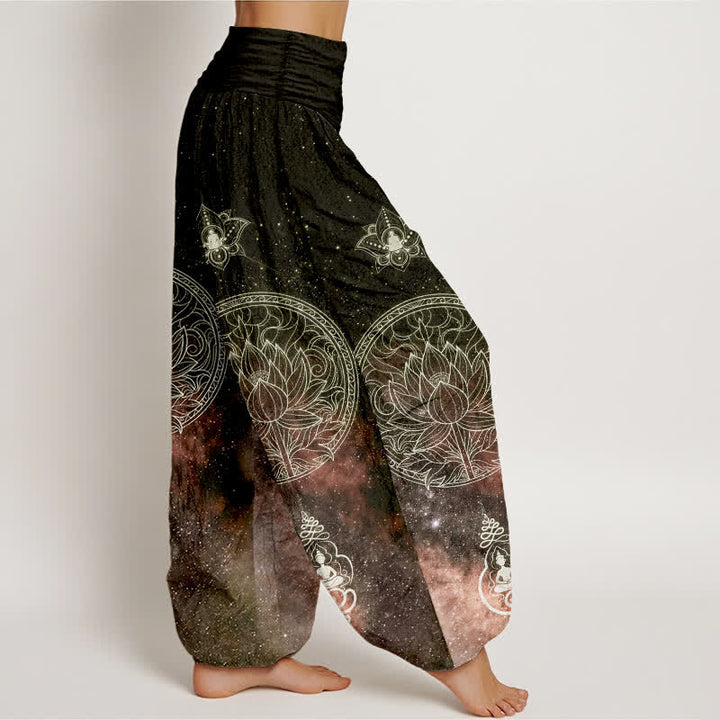 Buddha Stones Pantalones harem de algodón con estampado de mandala de loto celestial para mujer con cintura elástica. - image 10
