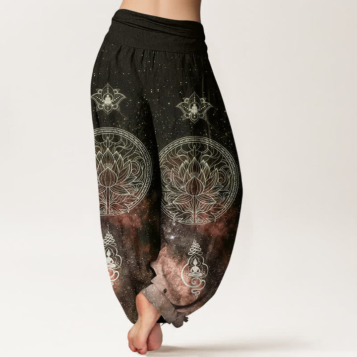 Buddha Stones Pantalones harem de algodón con estampado de mandala de loto celestial para mujer con cintura elástica. - image 9