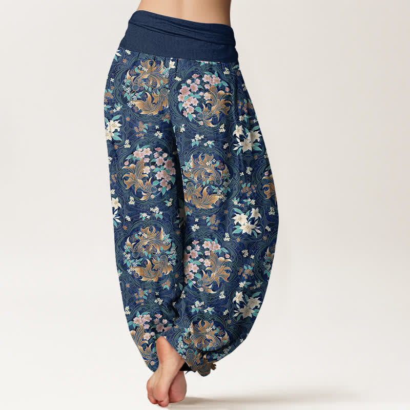 Buddha Stones Pantalones harem de mujer con cintura elástica y estampado floral de algodón puro. - image 1