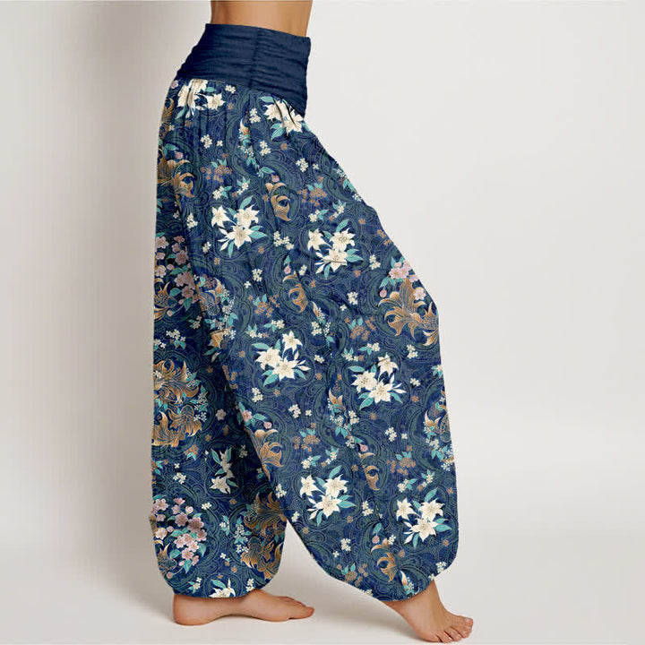 Buddha Stones Pantalones harem de mujer con cintura elástica y estampado floral de algodón puro. - image 2