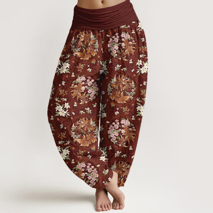 Buddha Stones Pantalones harem de mujer con cintura elástica y estampado floral de algodón puro. - Granate - US16，UK/AU20，EU48 (3XL) - image 5