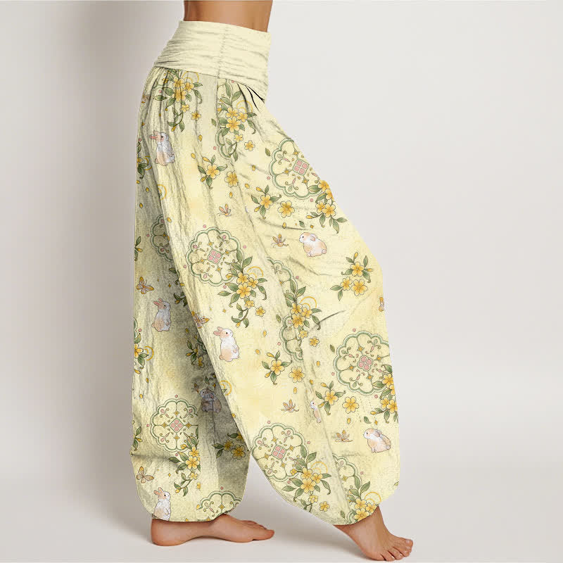 Buddha Stones Pantalones harem de mujer con cintura elástica y estampado floral de conejos, de algodón puro. - image 2