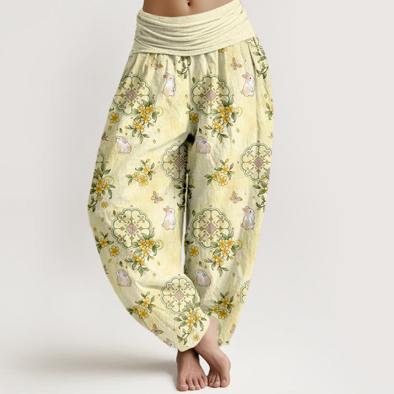 Buddha Stones Pantalones harem de mujer con cintura elástica y estampado floral de conejos, de algodón puro. - Limón Chiffon - US16，UK/AU20，EU48 (3XL) - image 0