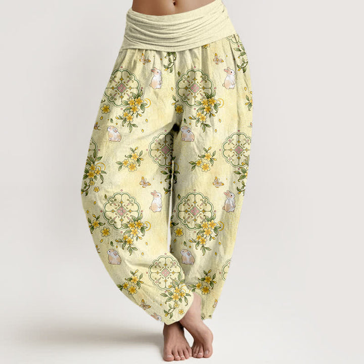 Buddha Stones Pantalones harem de mujer con cintura elástica y estampado floral de conejos, de algodón puro. - Limón Chiffon - US16，UK/AU20，EU48 (3XL) - image 0