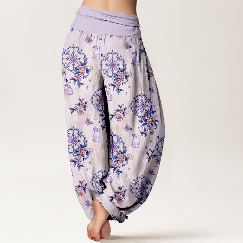 Buddha Stones Pantalones harem de mujer con cintura elástica y estampado floral de conejos, de algodón puro. - image 6
