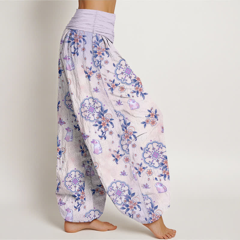 Buddha Stones Pantalones harem de mujer con cintura elástica y estampado floral de conejos, de algodón puro. - image 7