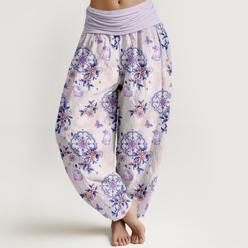 Buddha Stones Pantalones harem de mujer con cintura elástica y estampado floral de conejos, de algodón puro. - Lavanda - US16，UK/AU20，EU48 (3XL) - image 5