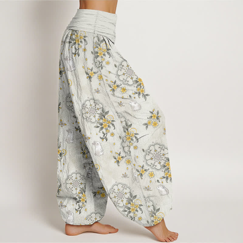 Buddha Stones Pantalones harem de mujer con cintura elástica y estampado floral de conejos, de algodón puro. - image 10