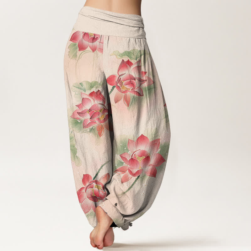 Buddha Stones Pantalones harem de algodón con estampado de flor de loto y cintura elástica para mujer. - image 1