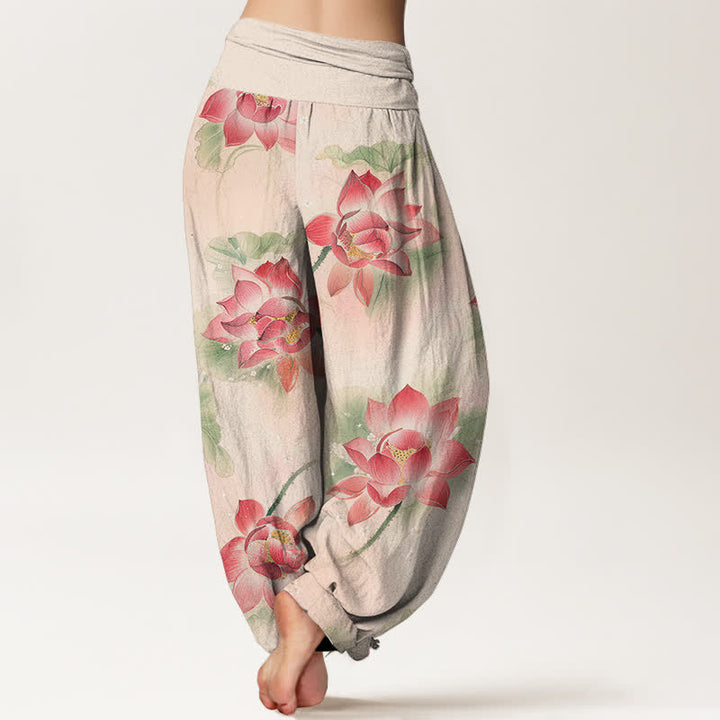 Buddha Stones Pantalones harem de algodón con estampado de flor de loto y cintura elástica para mujer. - image 1