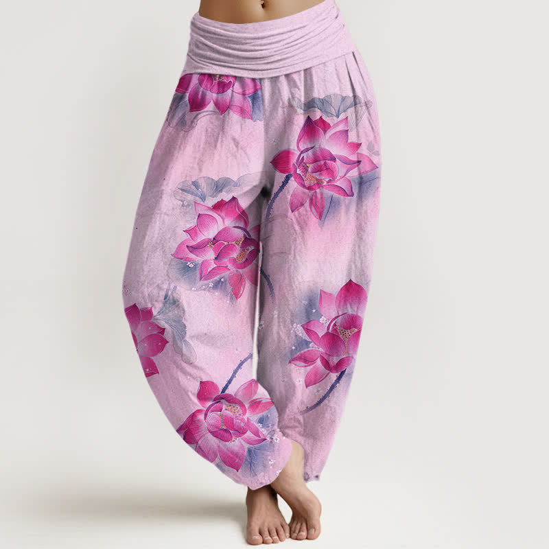 Buddha Stones Pantalones harem de algodón con estampado de flor de loto y cintura elástica para mujer. - Ciruela - US16，UK/AU20，EU48 (3XL) - image 5