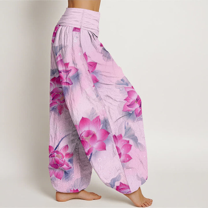Buddha Stones Pantalones harem de algodón con estampado de flor de loto y cintura elástica para mujer. - image 7
