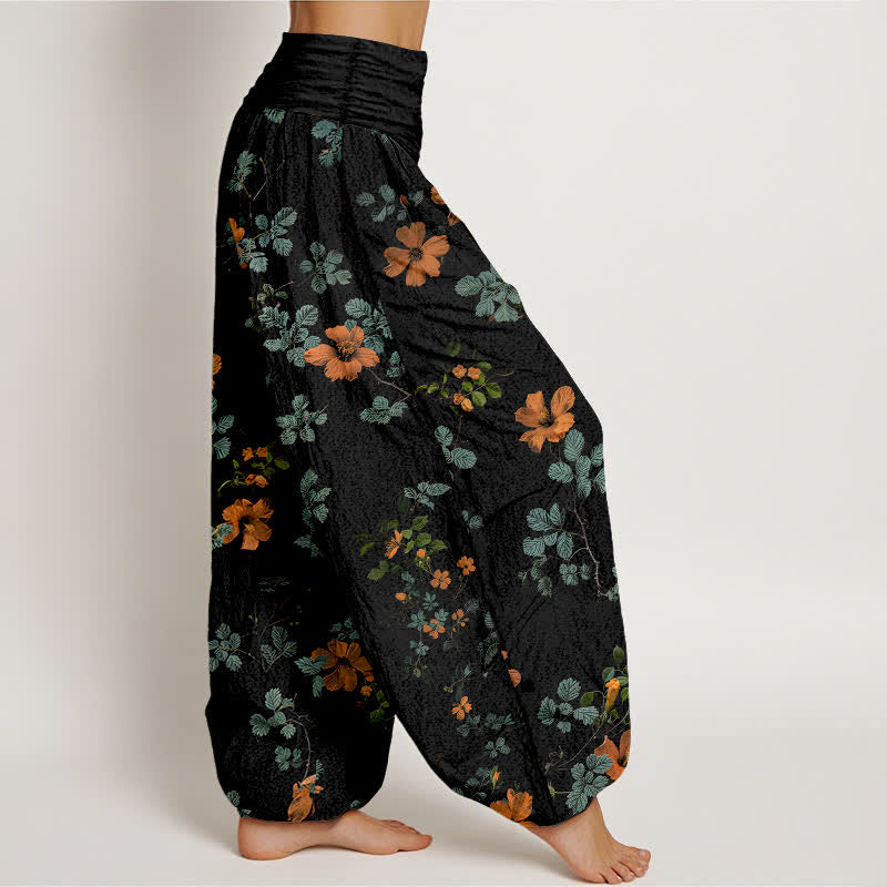 Buddha Stones Pantalones harem de algodón naranja con estampado floral y hojas para mujer, cintura elástica. - image 2