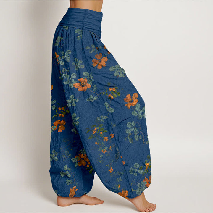 Buddha Stones Pantalones harem de algodón naranja con estampado floral y hojas para mujer, cintura elástica. - image 7