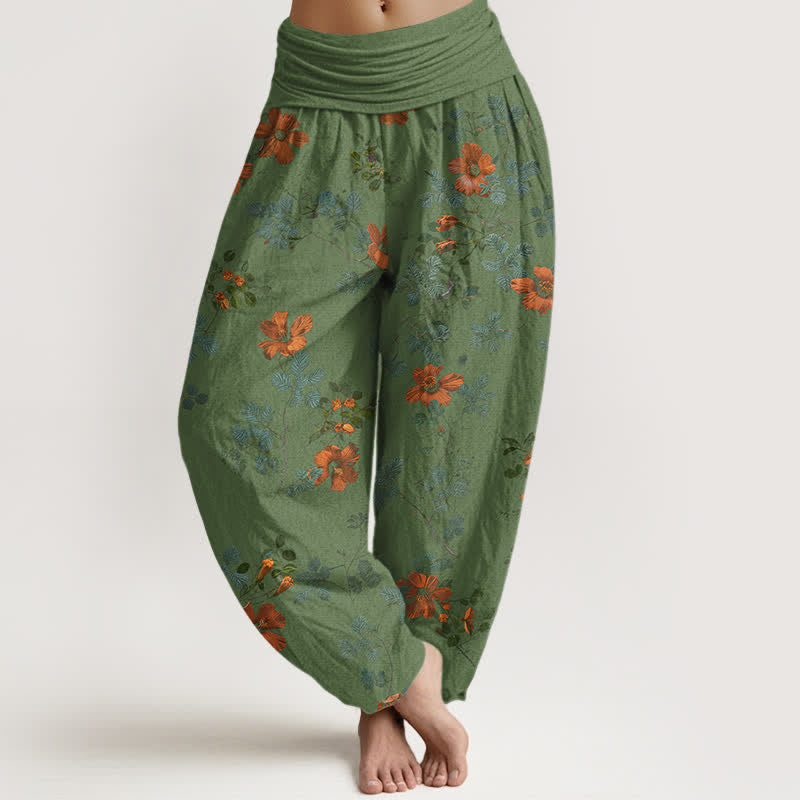 Buddha Stones Pantalones harem de algodón naranja con estampado floral y hojas para mujer, cintura elástica. - Verde mar oscuro - US16，UK/AU20，EU48 (3XL) - image 8