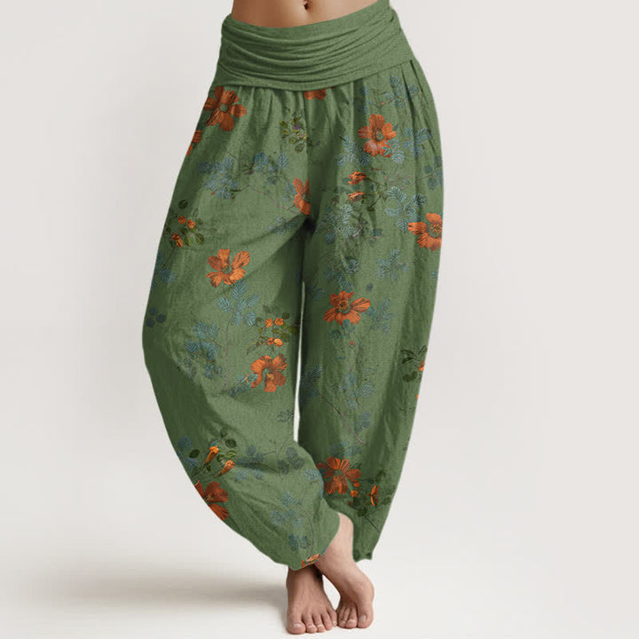 Buddha Stones Pantalones harem de algodón naranja con estampado floral y hojas para mujer, cintura elástica. - Verde mar oscuro - US16，UK/AU20，EU48 (3XL) - image 8