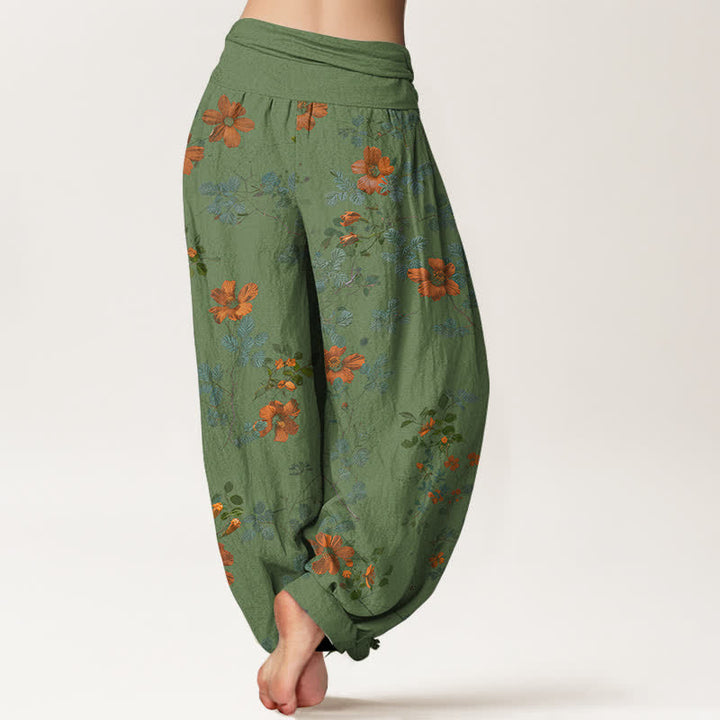 Buddha Stones Pantalones harem de algodón naranja con estampado floral y hojas para mujer, cintura elástica. - image 9