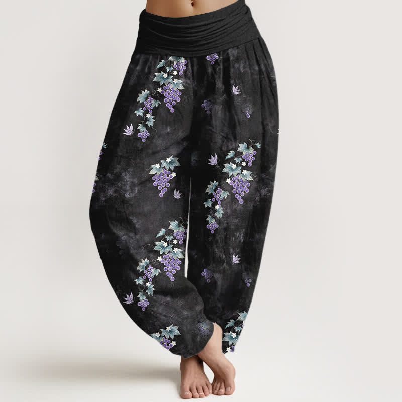 Buddha Stones Pantalones harem de algodón con estampado vintage de vid y cintura elástica para mujer. - Negro - US16，UK/AU20，EU48 (3XL) - image 0