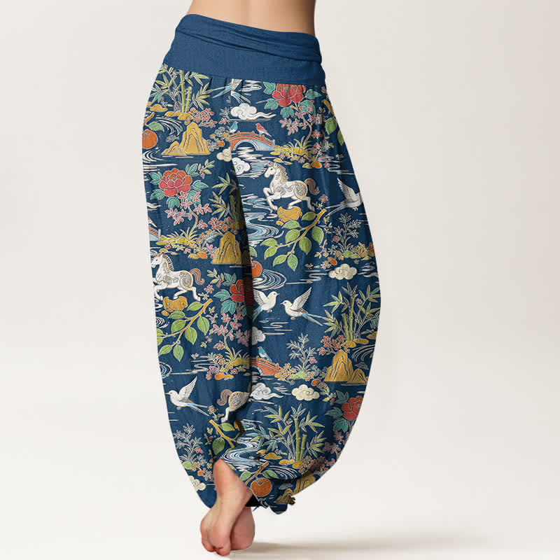 Buddha Stones Pantalones harem de mujer con cintura elástica y estampado floral de Cotton Horse Bird Landscape. - image 1
