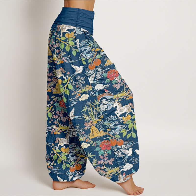Buddha Stones Pantalones harem de mujer con cintura elástica y estampado floral de Cotton Horse Bird Landscape. - image 2