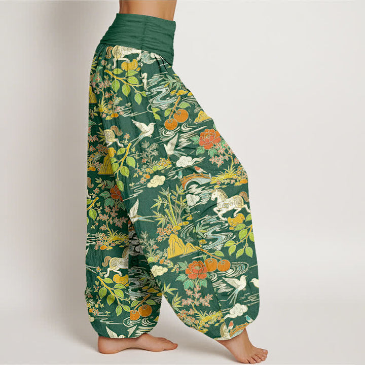 Buddha Stones Pantalones harem de mujer con cintura elástica y estampado floral de Cotton Horse Bird Landscape. - image 7
