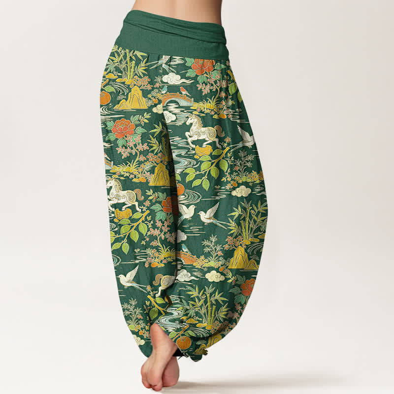 Buddha Stones Pantalones harem de mujer con cintura elástica y estampado floral de Cotton Horse Bird Landscape. - image 6